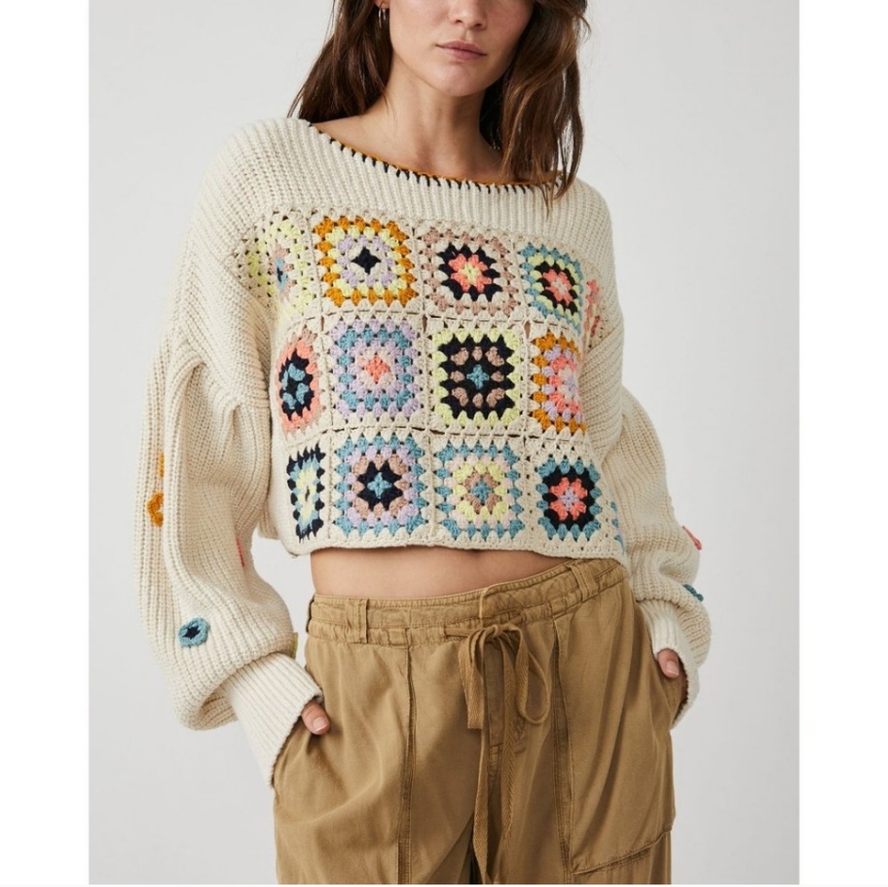 NWT Free People Dahlia Crochet Pullover / Antique Pearl Combo